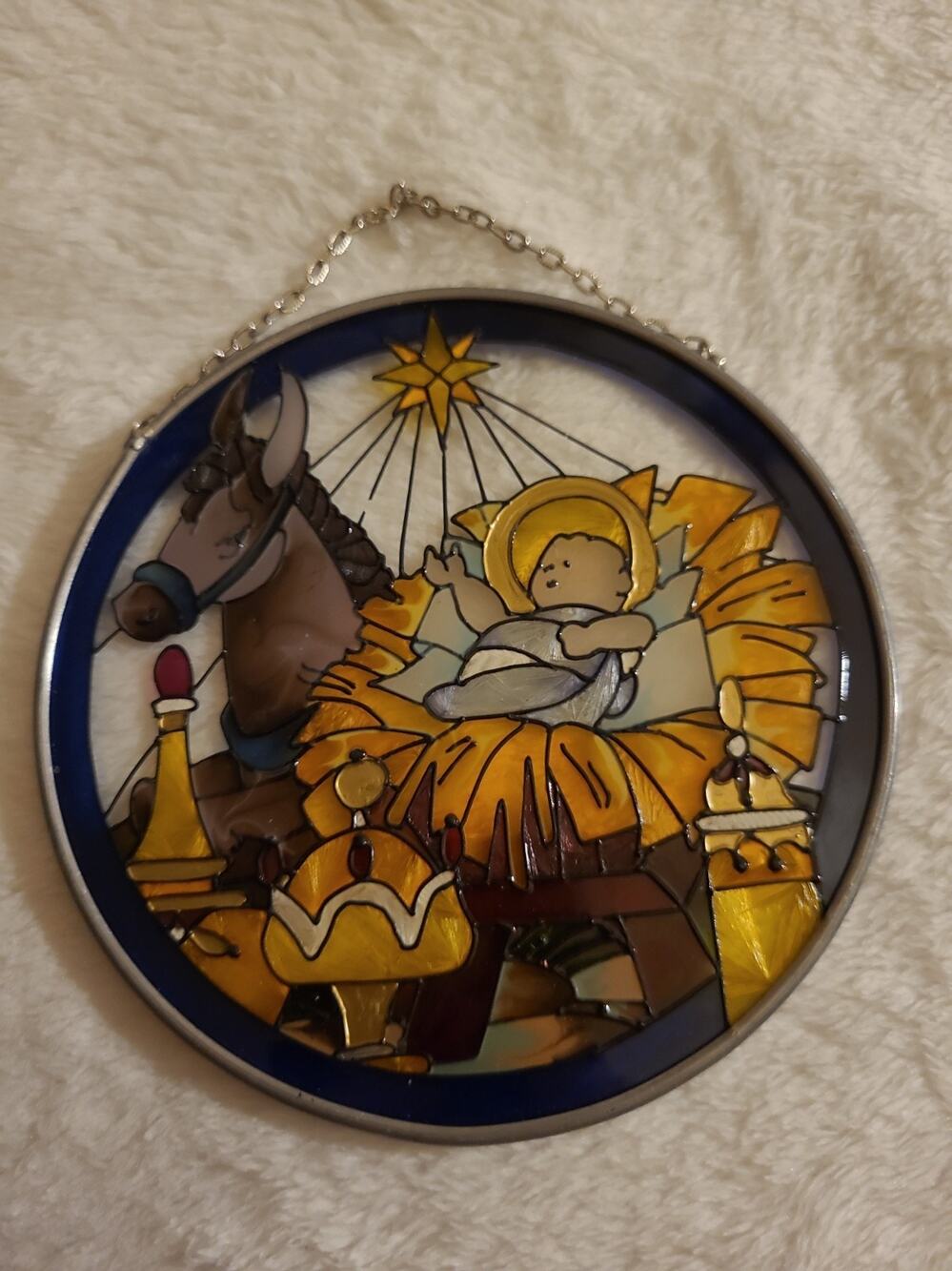 Vintage Joan Baker Designs Nativity Suncatcher Hand Painted Glass Window Art